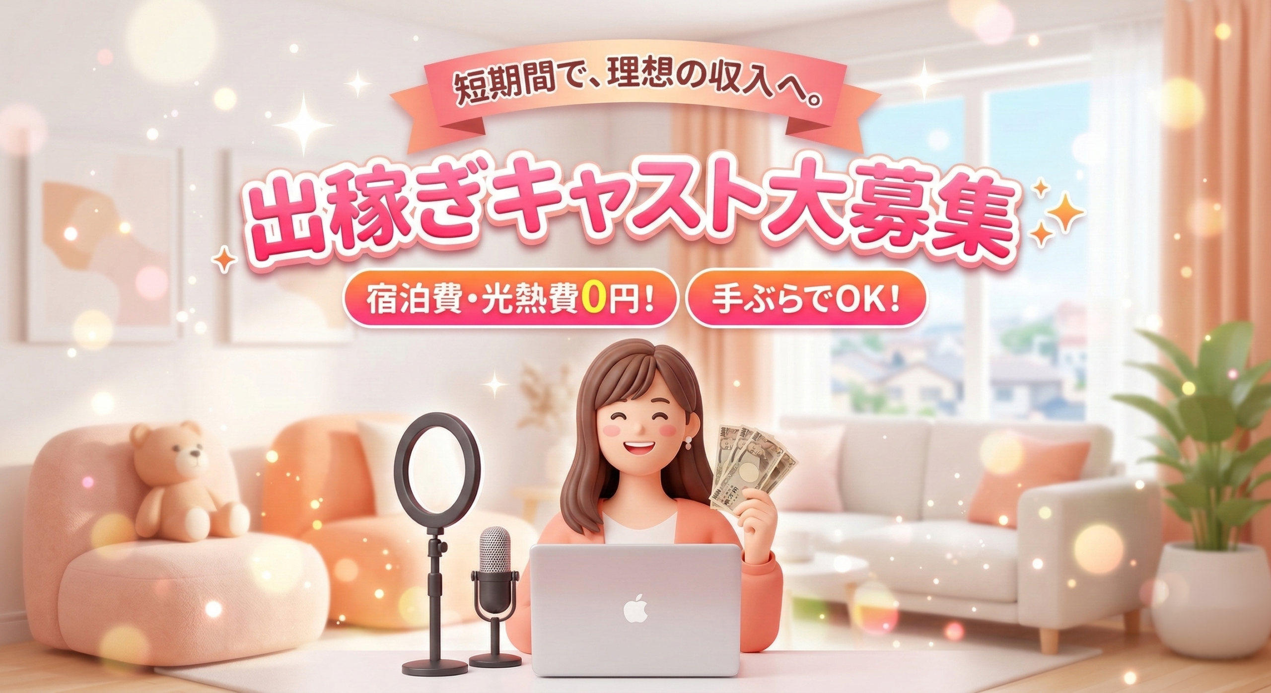 笑顔の日本人女性が、清潔で可愛いチャットルームで楽しそうにPCに向かっている。背景には「宿泊費0円」などのメリットがバッジ風に並び、上部には「出稼ぎキャスト大募集✨」の立体的なテキストが輝いている。