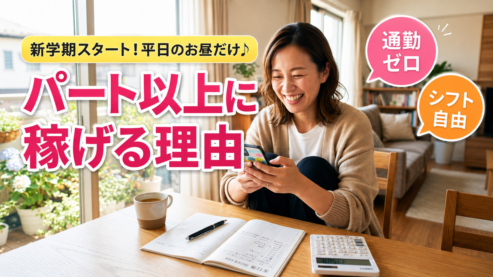 スマホと家計簿を見て喜ぶ主婦と「パート以上に稼げる理由」「通勤ゼロ」「シフト自由」の文字